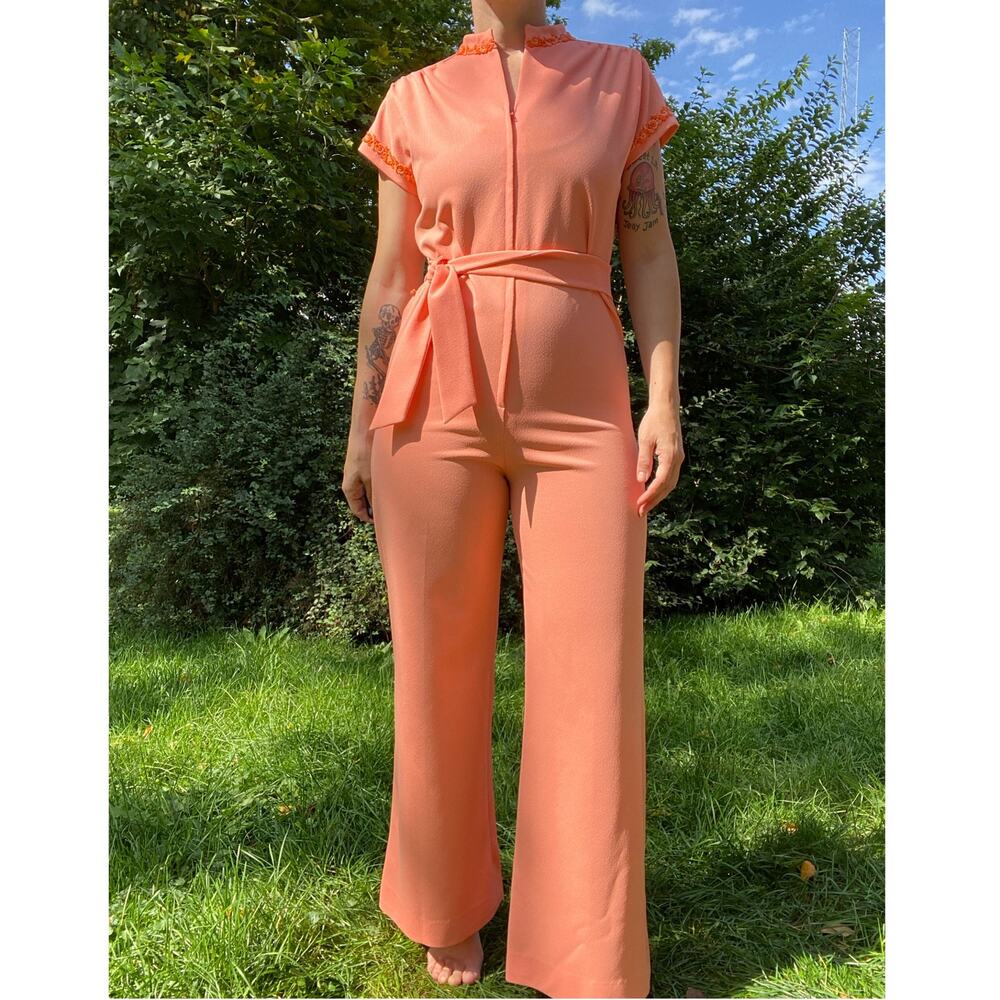 Size S-L//vintage 70s Peachy Pink Polyester Wide Leg Jumpsuit